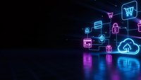 Glowing neon e-commerce icons floating in dark digital space with reflective surface. Online shopping, cloud computing and cybersecurity symbols in vibrant colors.