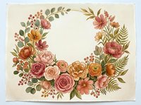 Vintage watercolor floral wreath with roses, peonies, and greenery in warm pink and orange tones, perfect for wedding invitations and cards.