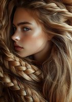 Side profile portrait of young woman with long blonde braided hair and natural makeup, highlighting soft skin texture and intricate hairstyling details.