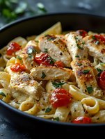 Creamy chicken pasta with cherry tomatoes and herbs in cast iron skillet. Homemade comfort food dinner with golden seared meat and fresh basil garnish.