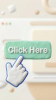 Clay-style cursor hand pointing at a mint green click here button on a blurred browser background, soft pastel tones, web UI concept.