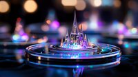 Futuristic holographic castle projection with glowing neon lights on circular platform against bokeh background for sci-fi and technology concepts.