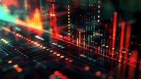 Stock market data visualization with glowing red and green candlestick charts on digital display, representing financial trading, investment analysis, and cryptocurrency market trends for business presentations.