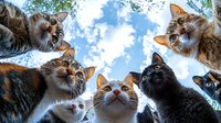 Group of curious cats looking down at camera against blue sky with white clouds, creating funny and engaging low angle perspective composition.