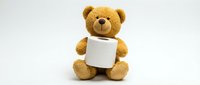 Adorable brown teddy bear holding blank white sign isolated on white background for customizable messaging and promotional designs.