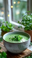 Creamy green broccoli soup in ceramic bowl by window with houseplants and soft bokeh lights, creating cozy atmosphere for healthy eating.