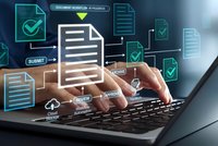 Digital document management workflow with hands typing on laptop keyboard showing automated approval process and file organization system.