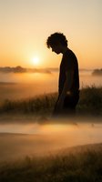 Young man with curly hair standing in contemplative silhouette against golden sunrise over misty lake landscape for wellness and mindfulness concepts.