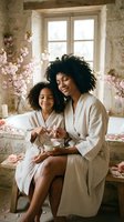 Mother and daughter with curly dark hair, African descent, wearing cream robes, sharing tea in rustic stone room with pink flowers and bright window. Suitable for family, wellness, beauty and lifestyle marketing.