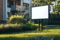 Empty white billboard mockup in green garden setting with sunlight and residential building background. Blank advertising space outdoors in morning light.