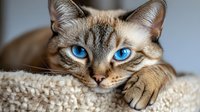 Siamese cat with striking blue eyes resting on soft beige blanket, close-up portrait showing distinctive facial features and relaxed expression.