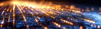 Futuristic circuit board panorama with glowing orange and blue light trails creating depth perspective, technology concept with bokeh effect and selective focus.