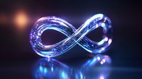 Glowing infinity symbol with blue and purple neon lights creating luminous trails on dark background with reflective surface for technology concepts.