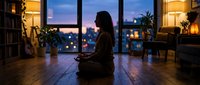 Woman meditating in modern apartment at sunset with city skyline view, peaceful mindfulness practice for wellness and relaxation.
