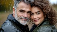 Mature Caucasian man with gray beard embracing young mixed-race woman with curly hair outdoors in rain, showing intergenerational love and connection.