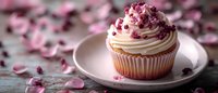Vanilla cupcake topped with swirled cream frosting and pink rose petals on ceramic plate, romantic food styling with soft pink floral decoration on rustic background.