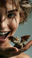 Young woman with green eyes holding small fantasy dragon creature in palm, smiling with excitement. Magical mythical beast with wings and spikes for storytelling.