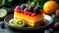 Colorful layered fruit dessert with fresh berries and kiwi on dark plate. Vibrant jelly cake topped with blackberries and raspberries, orange curd layer and cookie base.