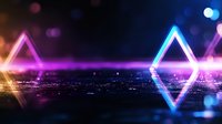 Glowing neon triangles float over dark cityscape with bokeh lights creating futuristic atmosphere. Abstract geometric shapes illuminate night urban horizon with pink and blue colors.
