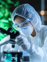 Medical researcher in protective equipment working with microscope in modern laboratory setting with green background lighting and bokeh effects.