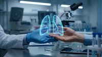 Medical professional in laboratory holding holographic lung model for respiratory health research and pulmonary disease diagnosis in modern healthcare facility.
