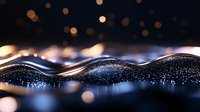 Abstract flowing wave with golden particles and bokeh lights on dark background for luxury design projects.