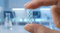 Scientist holding transparent capsule containing DNA double helix structure in modern laboratory for genetic research and biotechnology applications.