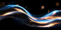 Glowing blue and orange light waves with sparkles flow against dark background creating dynamic motion effect for technology designs.