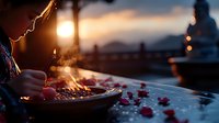 Romantic sunset dinner scene with scattered rose petals on table, glowing candlelight creating warm ambiance against blurred mountain backdrop and bokeh lights.