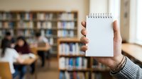 Hand holding blank spiral notebook in library with blurred bookshelves and students studying in background, suitable for education, note-taking, and learning concepts.