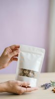 Female hands holding white kraft stand-up pouch with window against lavender background. Packaging mockup for tea, herbs, spices, or dried goods display and branding.