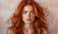 Young woman with flowing red hair and intense blue eyes against soft beige background, natural makeup look and serene expression portrays confidence and beauty.