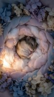 Newborn baby sleeping peacefully surrounded by soft pastel flowers in shades of blue, pink, and cream, creating a gentle, dreamy composition for nursery decor and maternity designs.