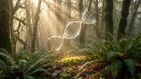 DNA double helix structure floating in misty forest with sunbeams through trees and ferns, representing genetics, biotechnology and nature connection.
