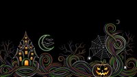 Halloween night scene with haunted house, jack-o-lantern pumpkin, crescent moon, spider web and decorative swirls on black background for spooky seasonal design.