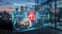 Businessman touching a futuristic digital risk alert interface with warning triangle, system failure and mitigation status indicators glowing in blue and red.