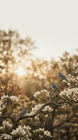 Blue birds perched on blooming white flower branches with orange butterflies flying in warm golden sunlight during spring season in peaceful garden setting.