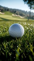 White golf ball on green grass with morning dew drops and blurred golf course in background. Sunlight creates sparkling bokeh effect on dewdrops.
