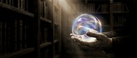 Hand holding glowing magical orb with swirling energy in ancient library with dusty sunbeams streaming through darkness creating mystical atmosphere.