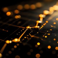 Glowing gold circuit paths on dark electronic board with bokeh effect, macro view for technology and computing concepts.