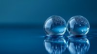 Two transparent glass spheres with air bubbles on reflective blue surface creating mirror effect for modern design concepts.