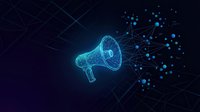 Digital megaphone with dispersing data particles on dark background, representing communication, marketing, broadcasting, and information technology concepts for business presentations.