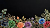 Colorful floral arrangement with gold accents on dark background, featuring roses, peonies and botanical elements for elegant design use.