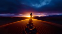 Silhouette of person standing on desert sand dune at dramatic sunset with orange sunlight and dark stormy clouds, footprints leading to horizon.