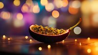 Glowing caviar served in ceramic spoon against blurred bokeh lights background, luxury appetizer presentation with golden reflections and ambient mood lighting.