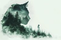 Double exposure silhouette of cat head merged with misty pine forest landscape and small human figure, creating mysterious atmospheric composition.