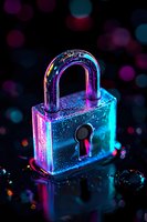 Metallic padlock illuminated by neon pink and blue lights against dark background with bokeh effect, water drops creating dramatic cybersecurity concept.