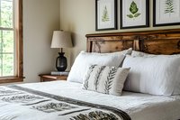 Cozy bedroom interior with rustic wooden headboard, white bedding, botanical print pillows and framed fern artwork, natural light from window creates warm atmosphere.