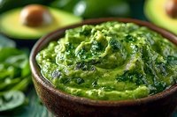 Fresh homemade guacamole dip with mashed avocado, cilantro and lime juice in rustic ceramic bowl, close up view with natural ingredients in background.