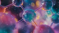 Molecular structure with glowing spheres connected by bonds on colorful bokeh background with sparkles and light effects, scientific concept visualization.